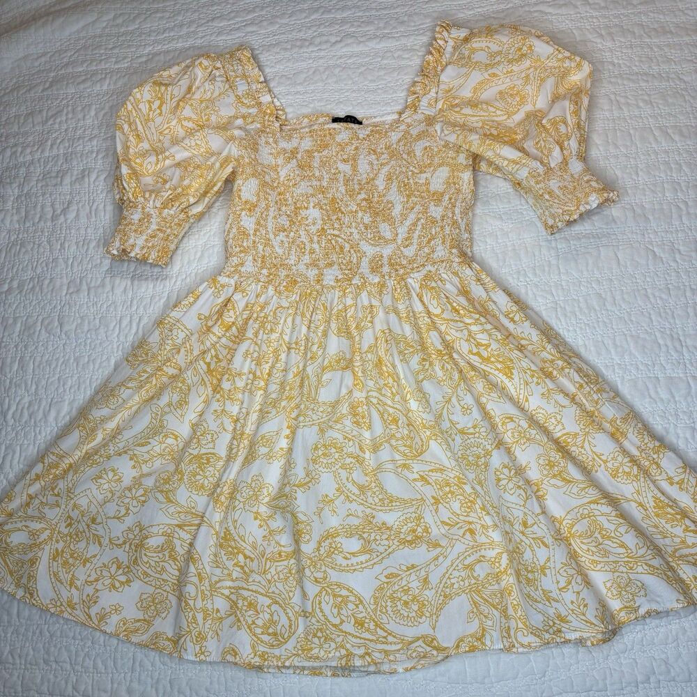 1.STATE Mini Dress Womens Large Yellow‎ Paisley Smocked Puff Sleeve Cottagecore